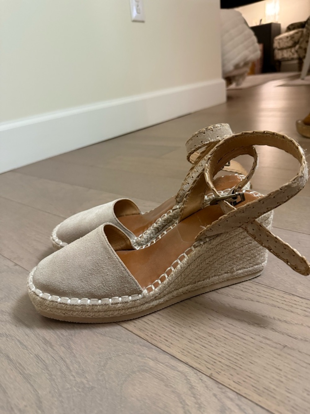 Crown Vintage Beige Espadrille Wedge Sandals with Ankle Strap